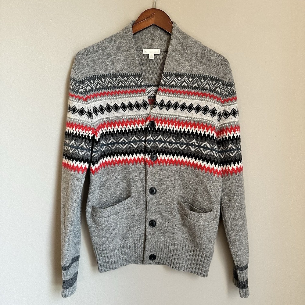 Gap Gray Fair Isle Wool Button Up Cardigan Sweater Après Ski Nordic Fisherman